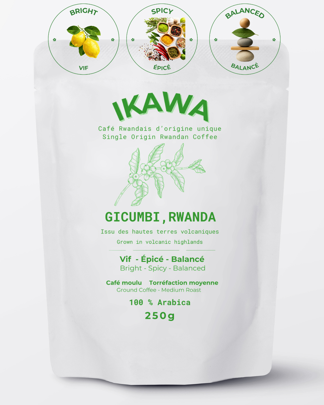 Gicumbi Rwandan single-origin coffee medium roast bag with bright, spicy, and balanced flavor profile