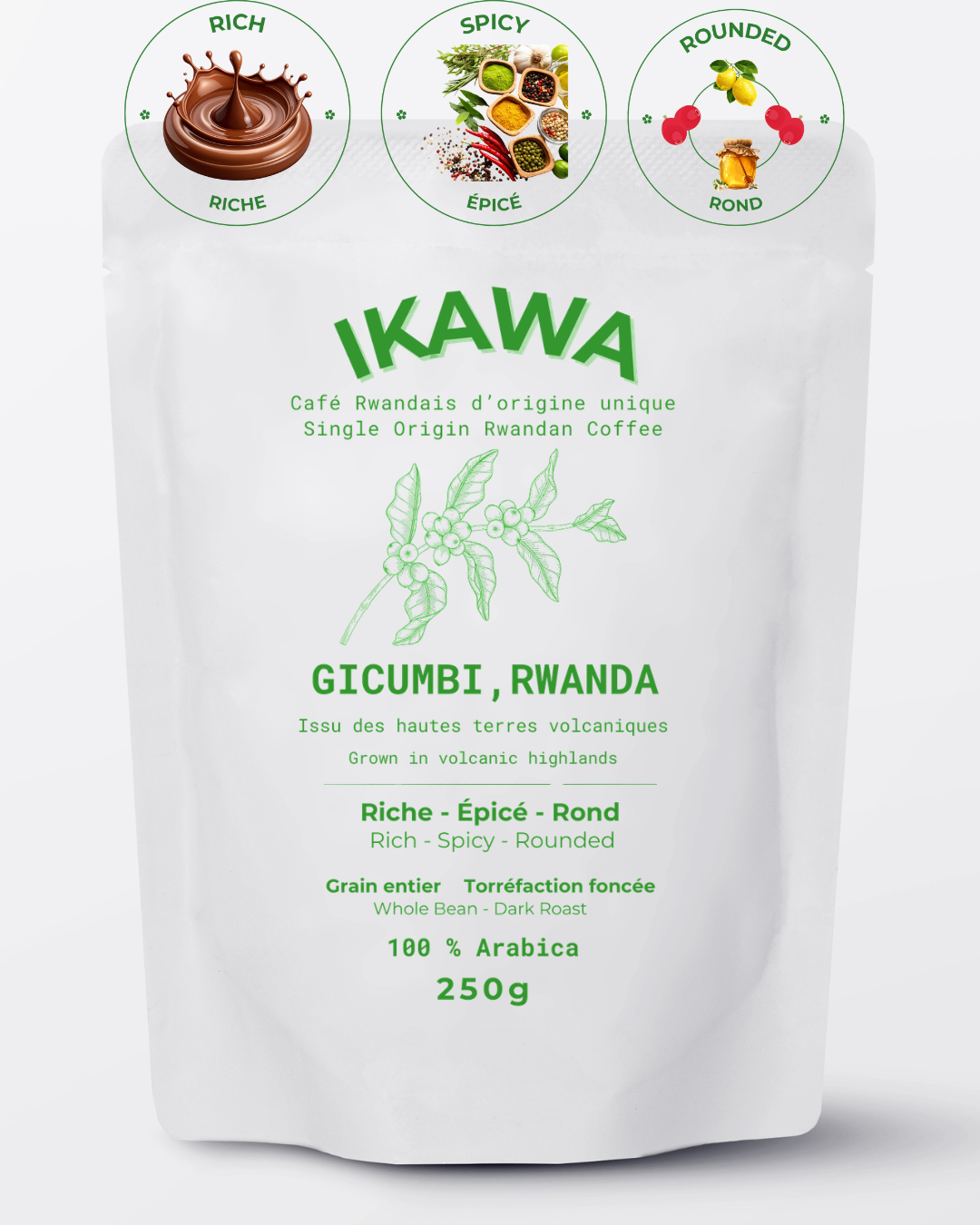 Gicumbi Rwandan single-origin coffee dark roast bag with rich, spicy, and rounded flavor profile