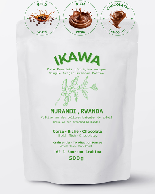 Murambi Rwandan single-origin coffee dark roast bag with bold, rich, chocolatey flavor profile