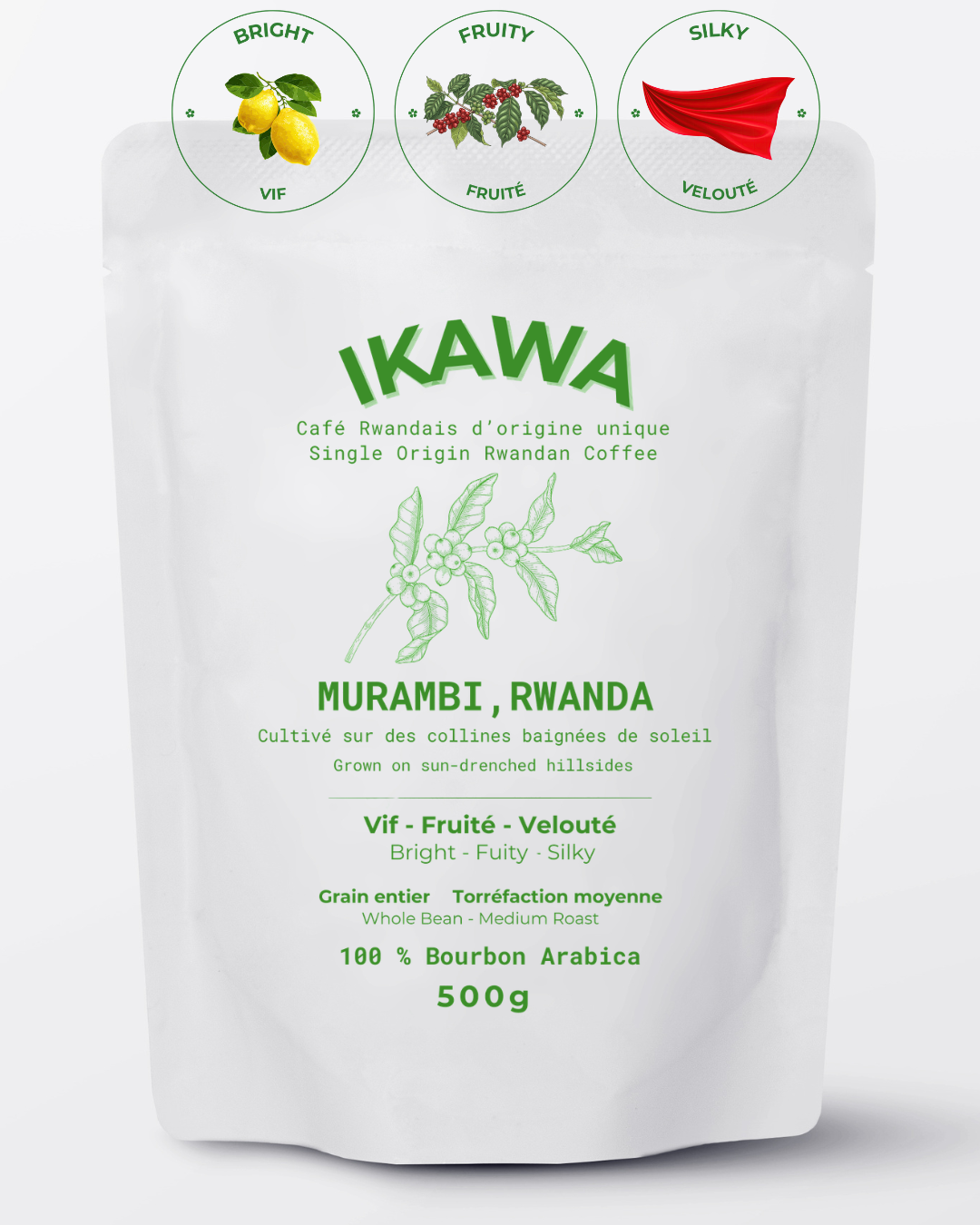 Murambi Rwandan single-origin coffee medium roast bag with bright, fruity, and silky flavor profile
